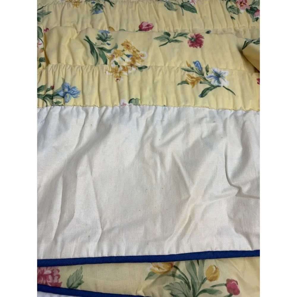 Vintage Yellow Floral Valances With Blue Piping Lined Custom Made Set Of 2